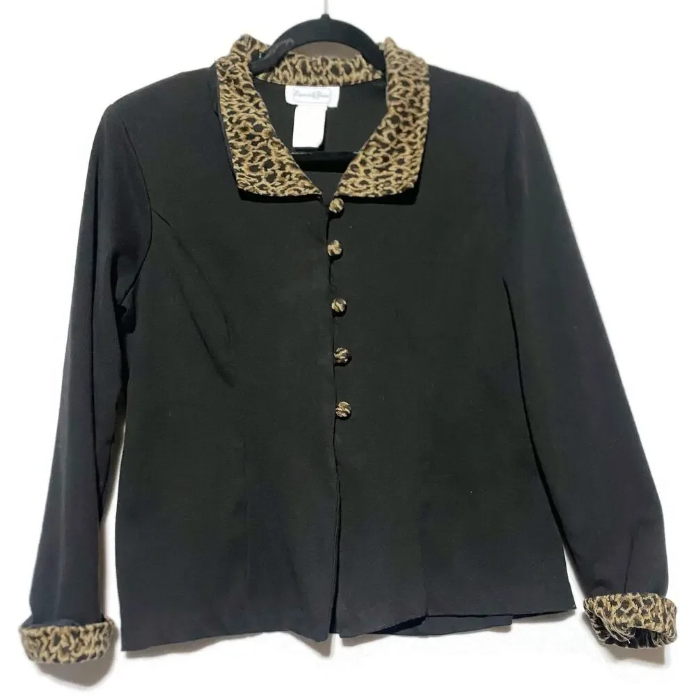 Especially Yours Women's Black Jacket Size 12 Leopard Print Collar Cuffs Button